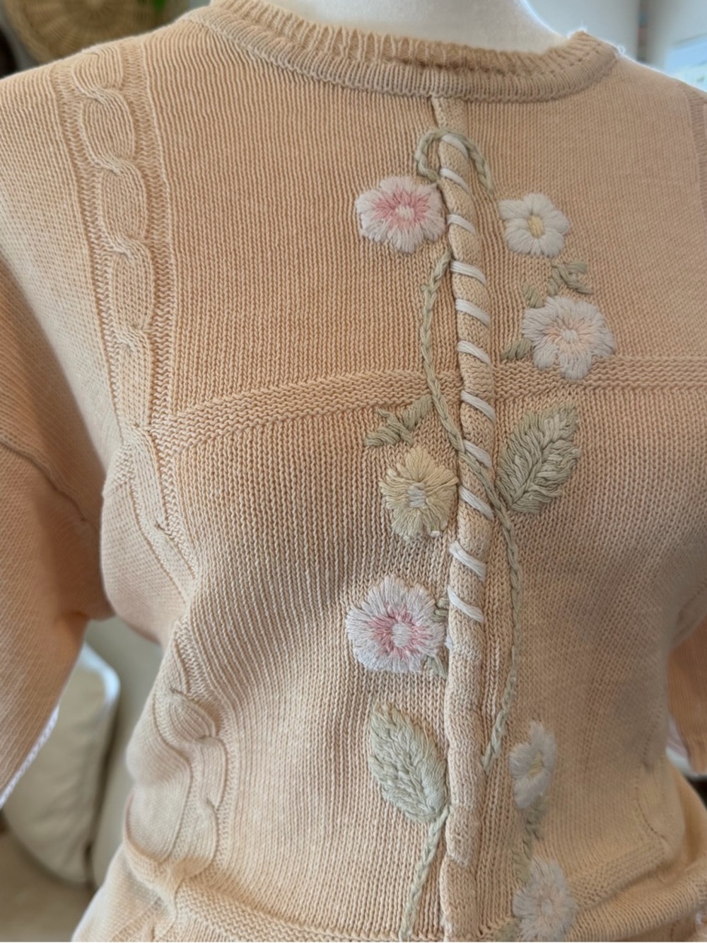 Vintage Artsy Boho Cottagecore Ramie Cotton Floral Grandma Embroidered Sweater - Picture 3 of 11